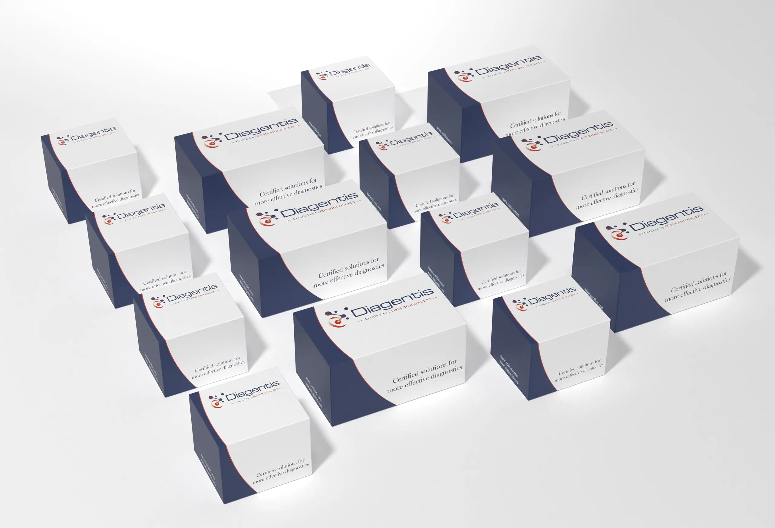 Stacks of Diagentis kit boxes arranged in a clean laboratory-style setting